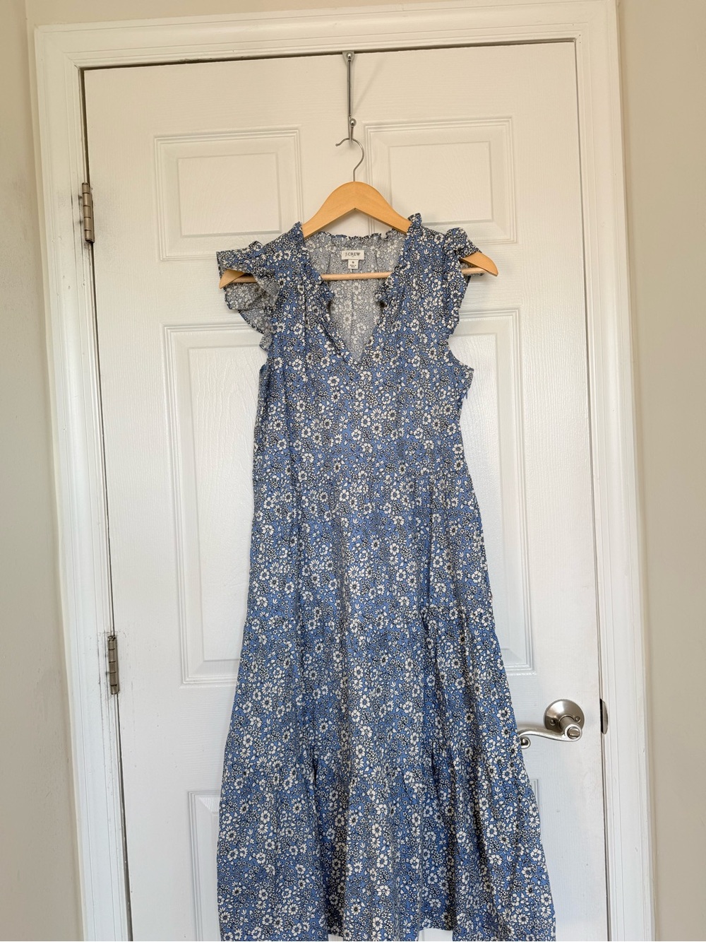 J. Crew Blue Floral Ruffle-Sleeve Maxi Dress